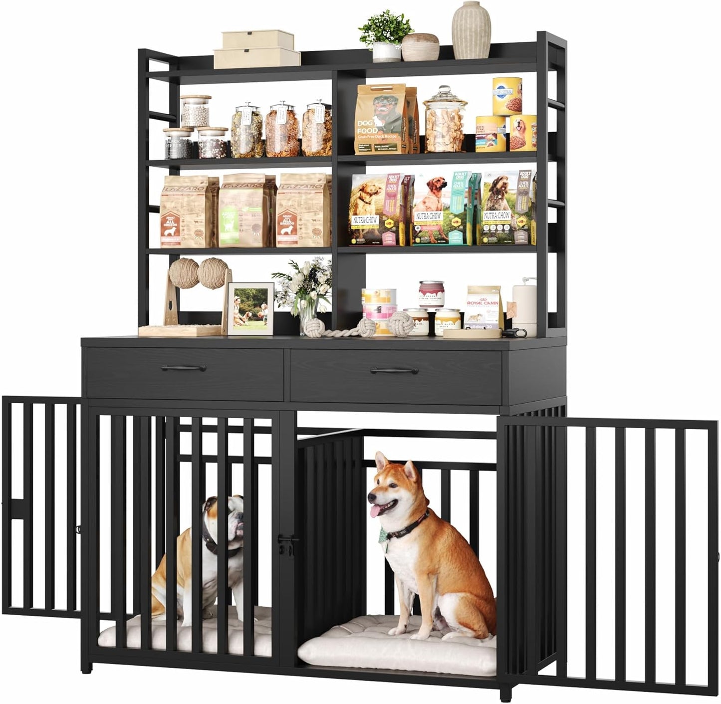 71''H X 47.2''W Large Dog Crate Furniture with 4-Tier Shelves and 2 Storage Drawers, Heavy Duty Dog Cage Furniture with 2 Doors, Wood & Metal Dog Kennel Indoor for Small/Medium/Large Dog, White