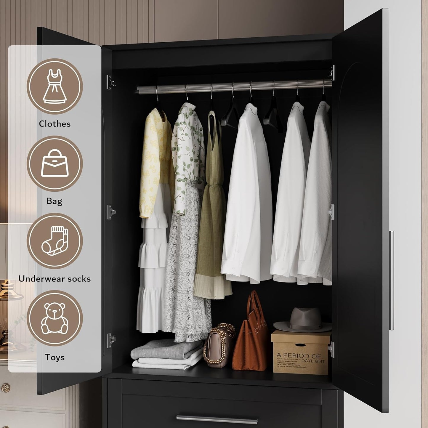 Wooden Armoire Wardrobe Closet with 2 Drawers, Clothing Storage Cabinet with Shelves Aluminum Hanging Rod, Wardrobe Storage with Strong Door Closure, Modern Bedroom Clothing Armoires, Black