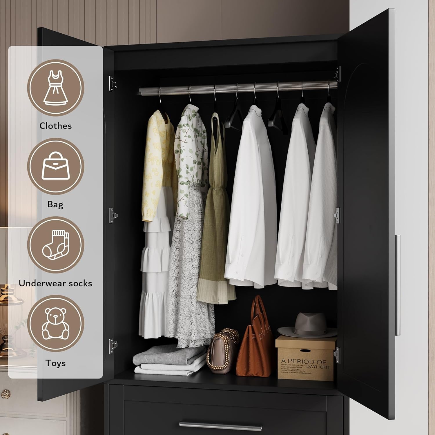 Wooden Armoire Wardrobe Closet with 2 Drawers, Clothing Storage Cabinet with Shelves Aluminum Hanging Rod, Wardrobe Storage with Strong Door Closure, Modern Bedroom Clothing Armoires, Black