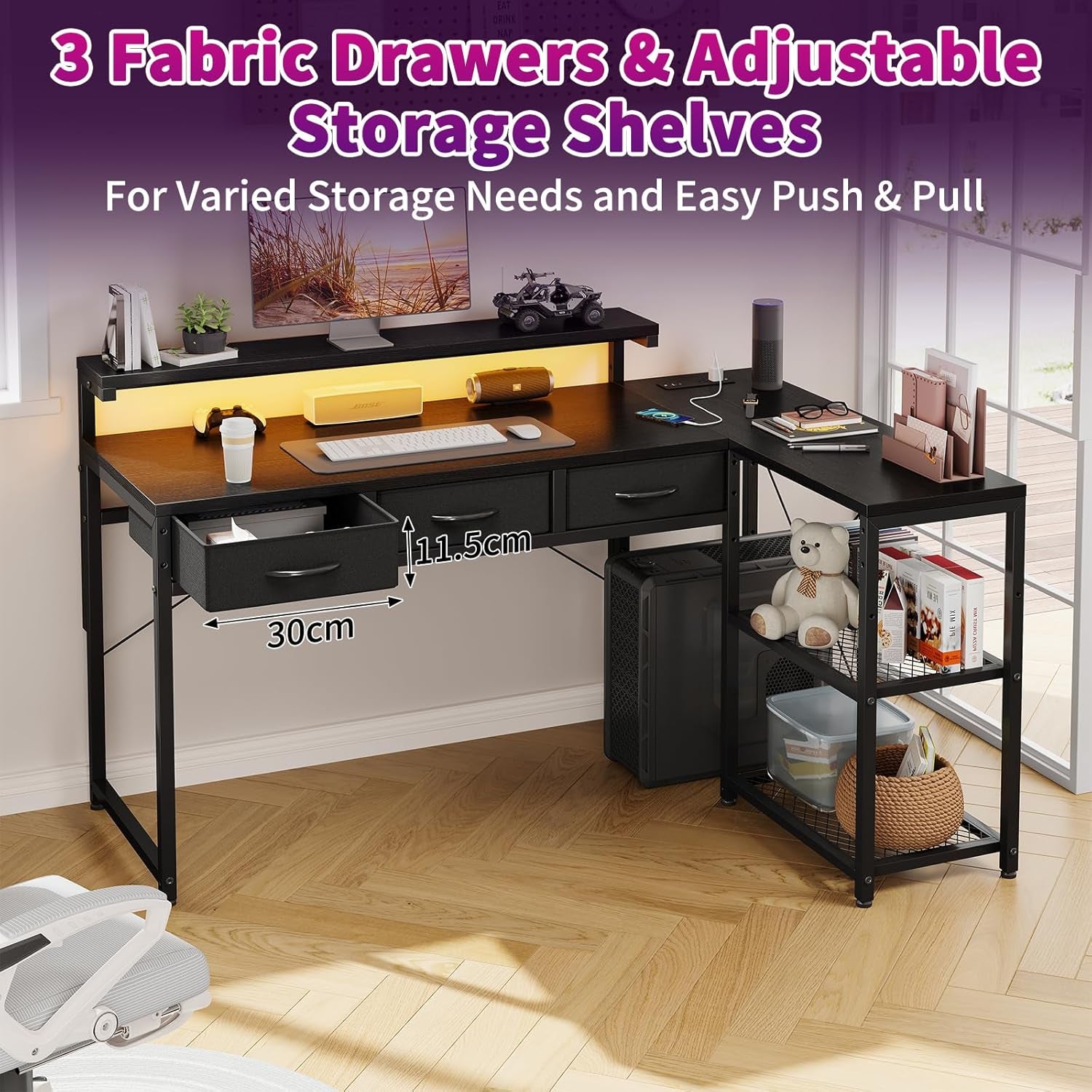 50 Inch L Shaped Gaming Desk with 3 Drawers & Storage Shelves & Hutch, Computer Desk with USB Ports, Study Writing Table for Bedroom, Simple Modern Laptop Desk for Home Office, Black