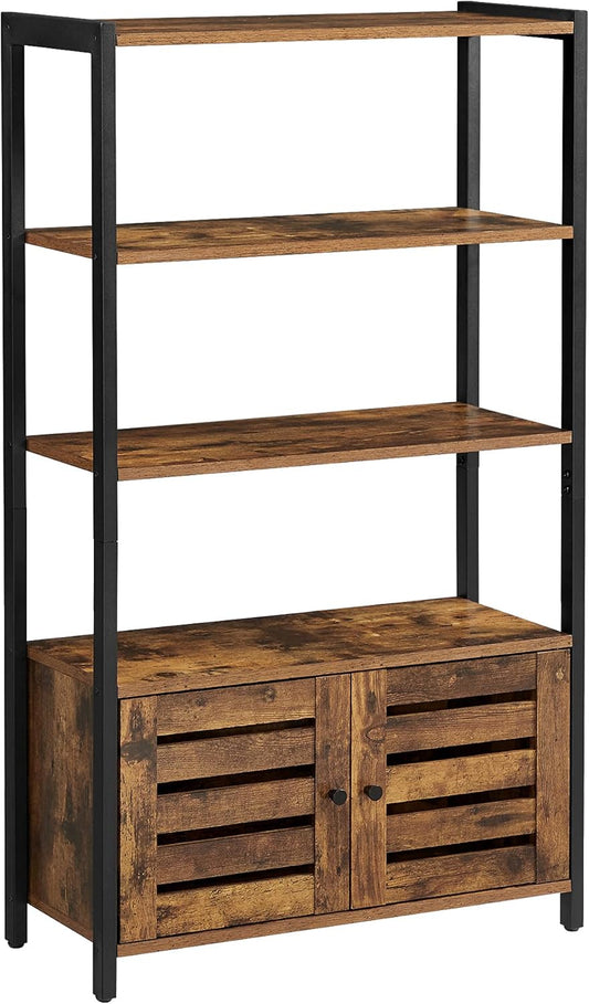 LOWELL Bookshelf, Storage Cabinet with 3 Shelves and 2 Louvered Doors, Industrial Bookcase in Living Room, Study, Bedroom, Multifunctional, Rustic Brown ULSC75BX
