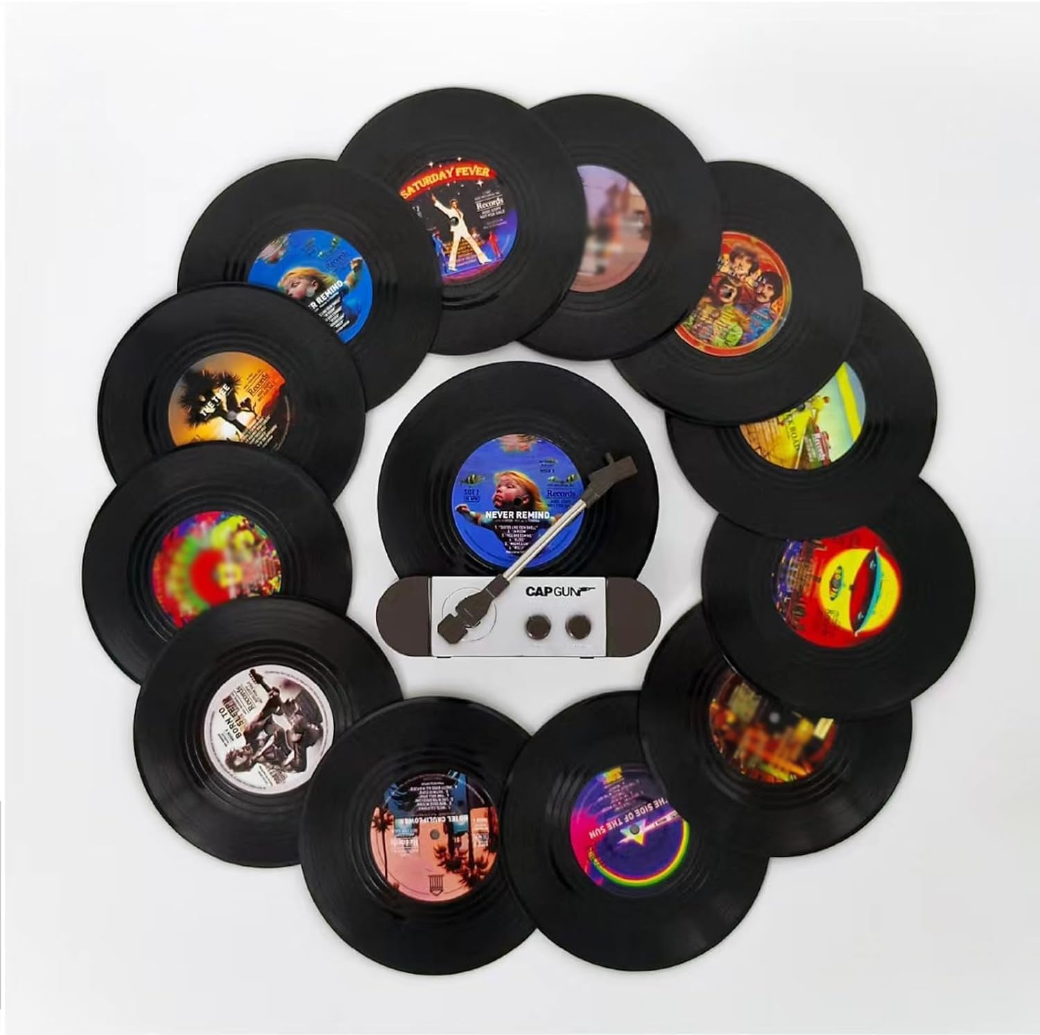 Funny Retro Vinyl Record Coasters, Creative Drink Coasters Set of 12 with Vinyl Record Player Holder for Music Lovers, Housewarming Hostess Gifts, Birthday and White Elephant Gifts Ideas