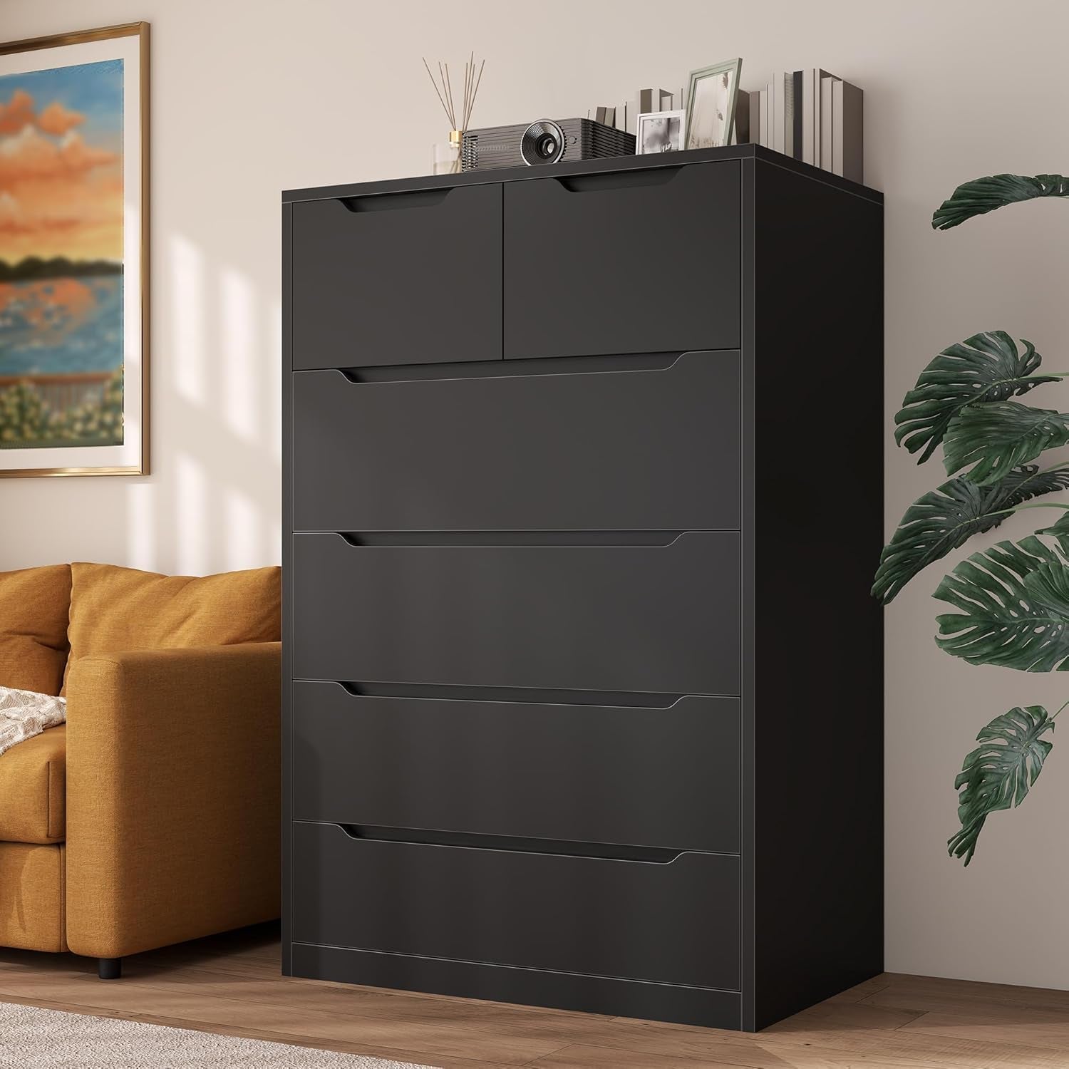 6 Drawer Dresser for Bedrom,Tall Black Chest of Drawers for Bedroom, Hallway, Modern 43.2" H X 27.6" W X15.6 D