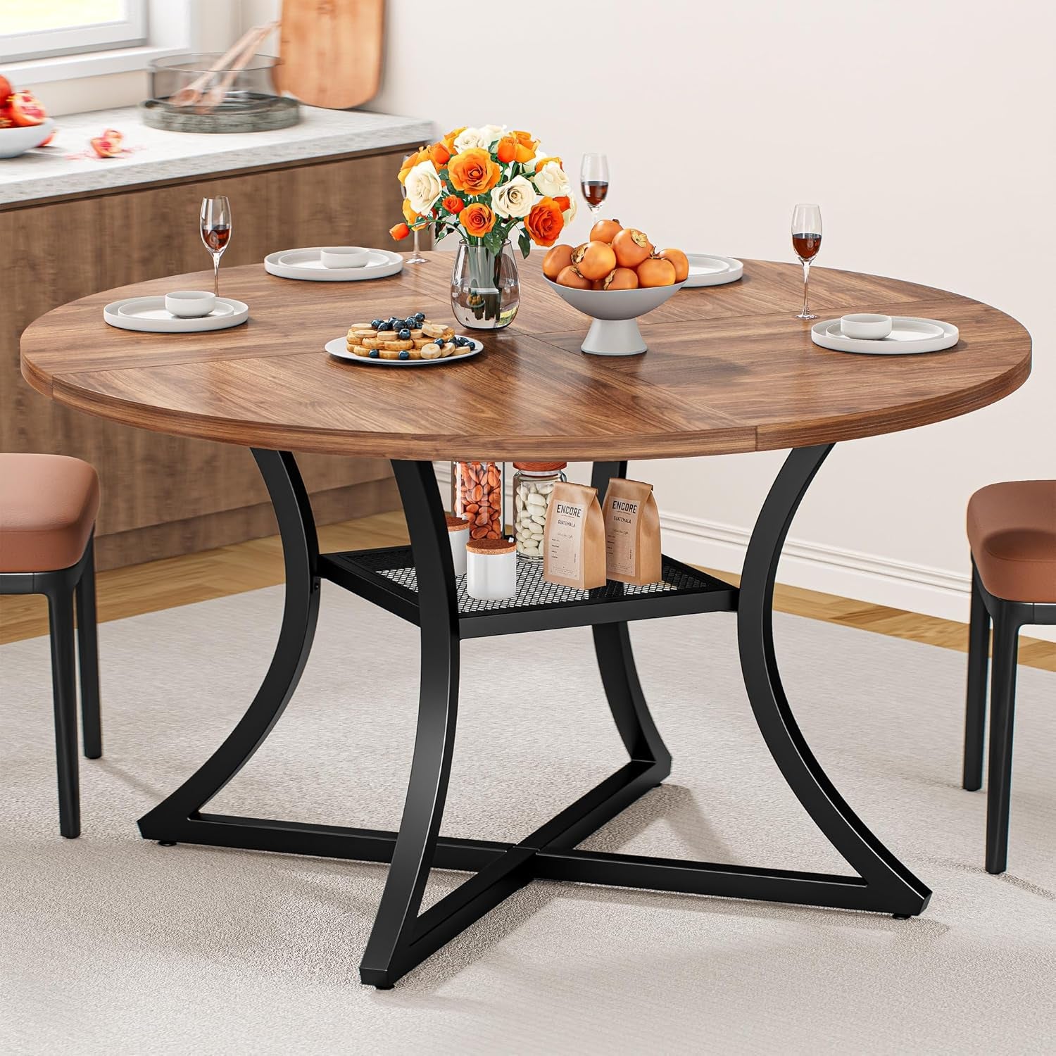 47.2" round Dining Table for 4, Wood Kitchen Table with Storage Shelf for Dining Room, Dinner Table with Wooden Tabletop and Metal Base, Cherry