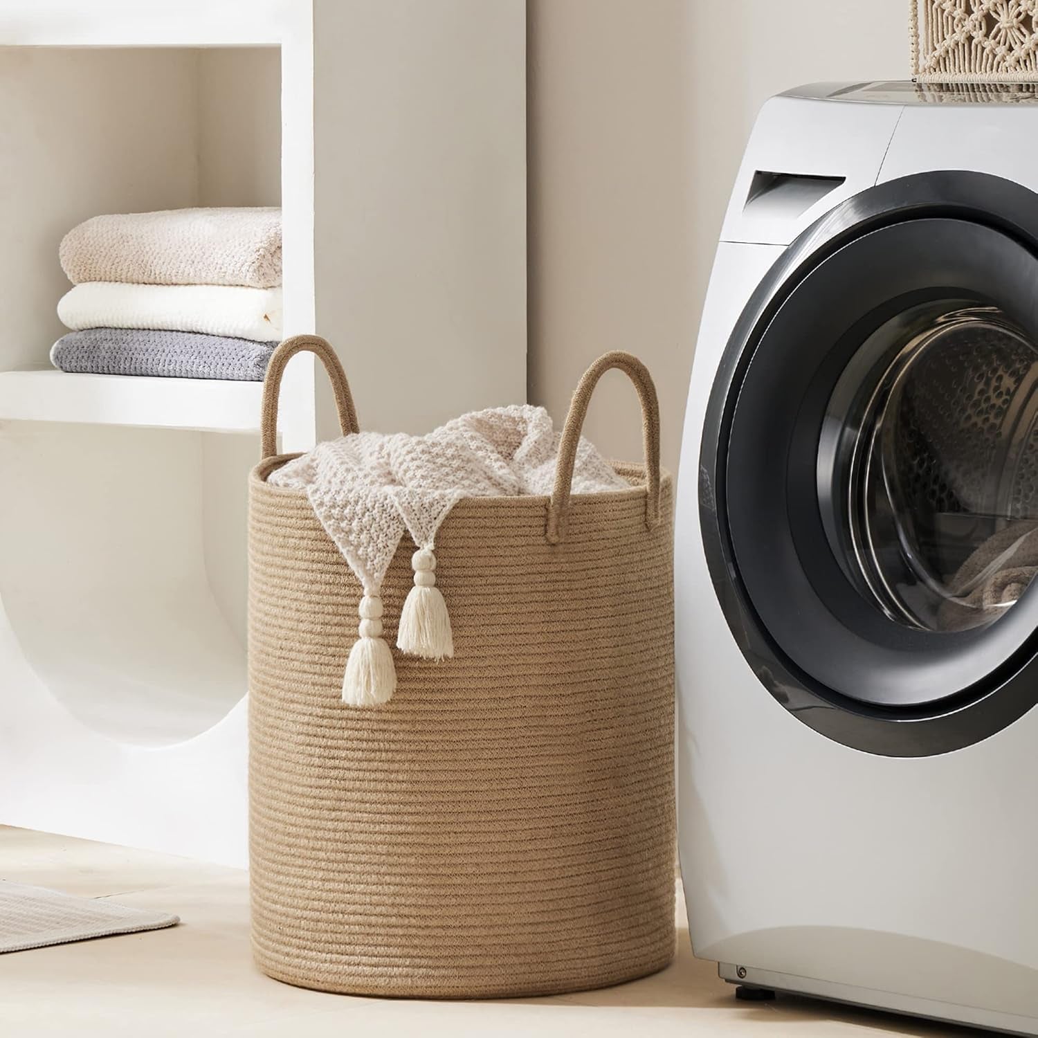 Jute Rope Laundry Hamper Basket by , 58L Tall Laundry Basket, Baby Nursery Hamper for Blanket Storage for Bedroom-Large-Jute
