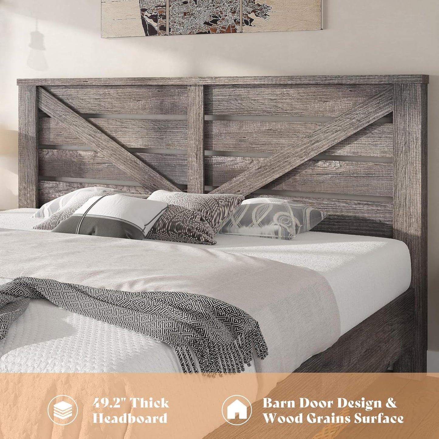 Queen Size Farmhouse Bed Frame with 49.2" Barn Door Headboard, Platform Bed Frame with Wood Slats, under Bed Storage Space, Easy Assembly, Noisy Free, Rustic Gray