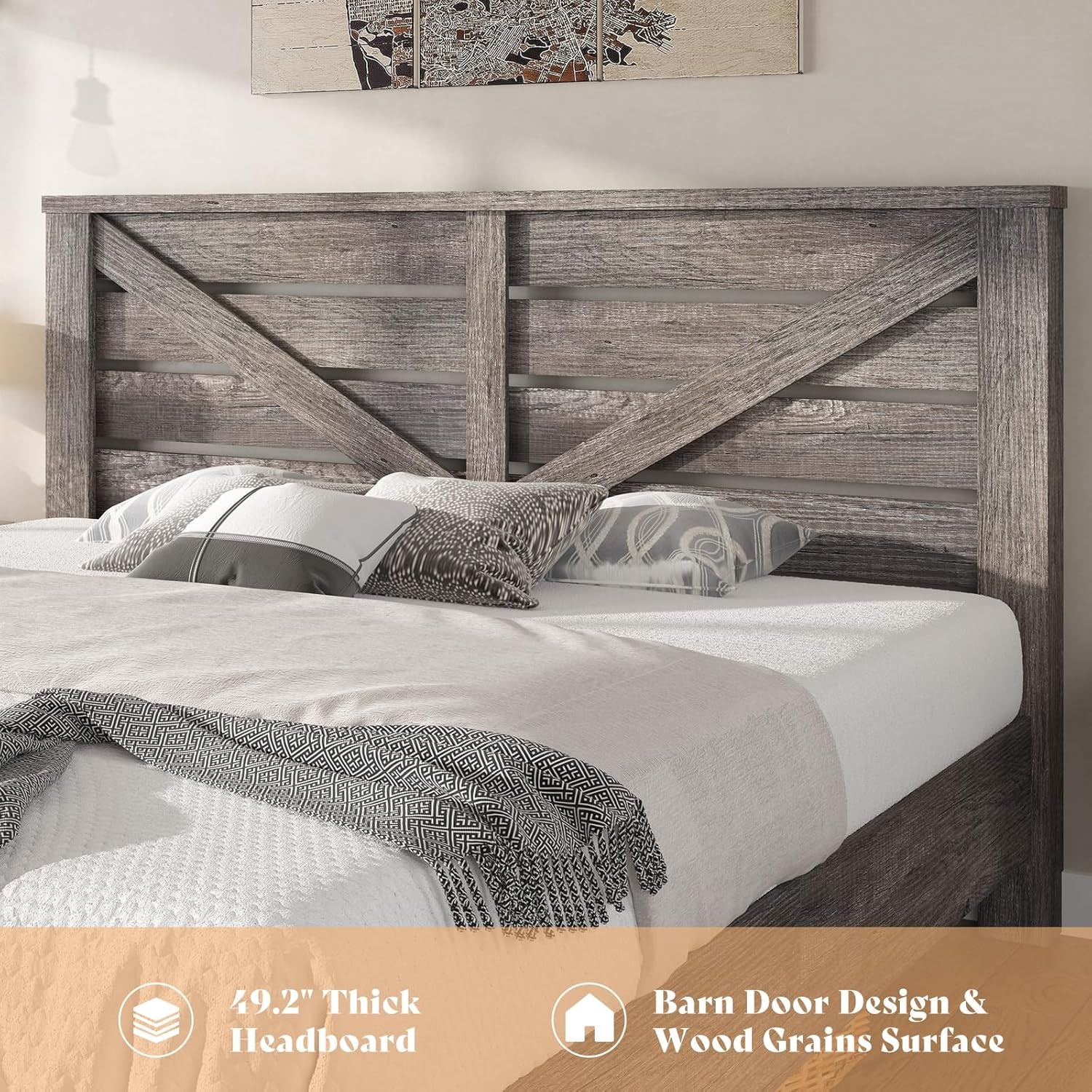 Queen Size Farmhouse Bed Frame with 49.2" Barn Door Headboard, Platform Bed Frame with Wood Slats, under Bed Storage Space, Easy Assembly, Noisy Free, Rustic Gray