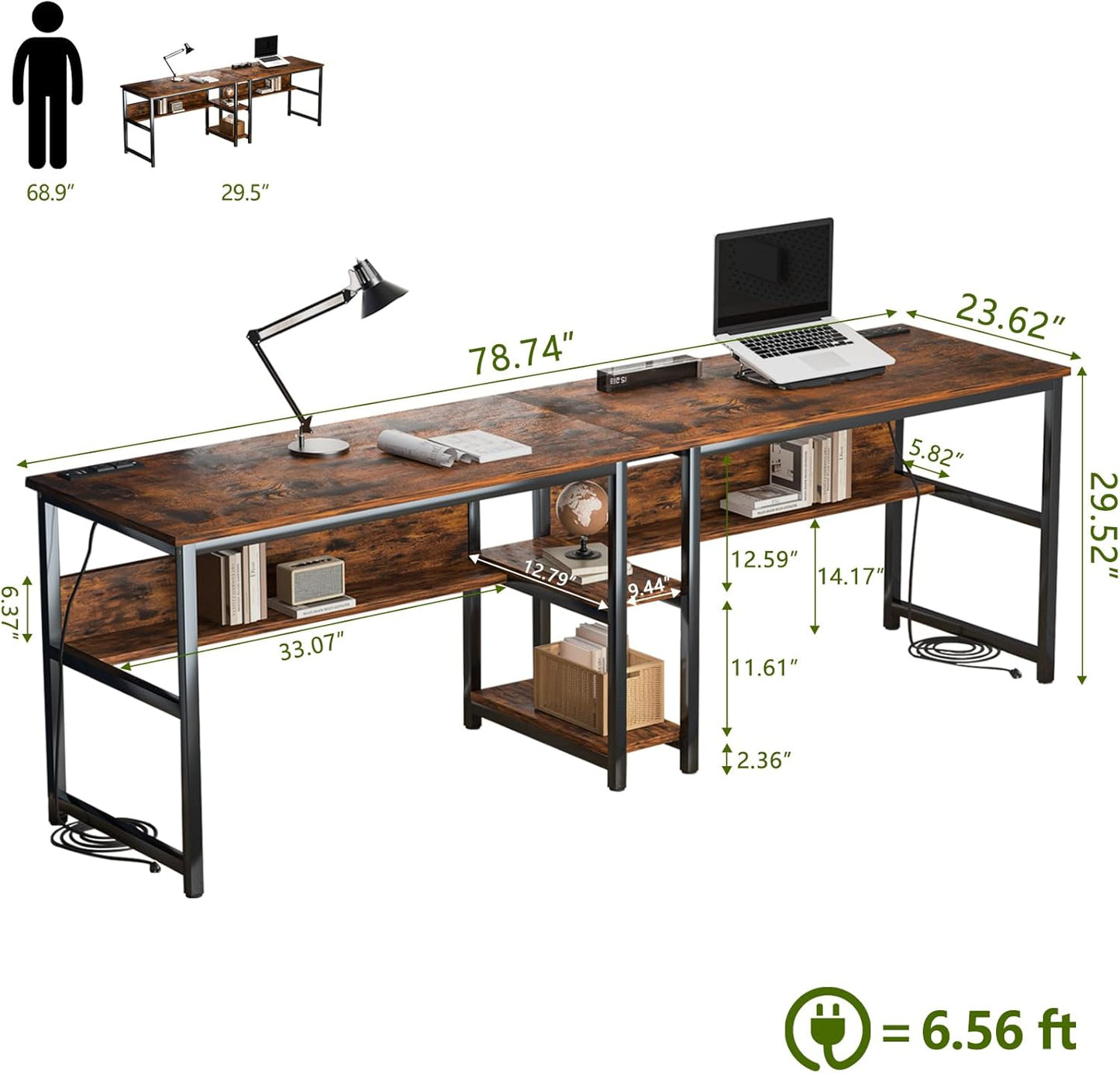 78.74" Two Person Desk with 2 Power Strips, Double Desk with Shelves, Long Computer Desk for Two People, Wood Writing Desk Workstation for Home Office, 23.62"D X 78.74"W X 29.52"H, Rustic Brown