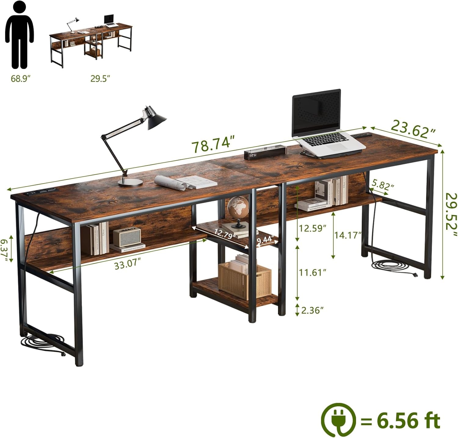 78.74" Two Person Desk with 2 Power Strips, Double Desk with Shelves, Long Computer Desk for Two People, Wood Writing Desk Workstation for Home Office, 23.62"D X 78.74"W X 29.52"H, Rustic Brown
