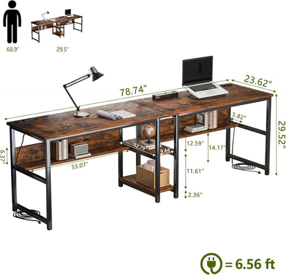 78.74" Two Person Desk with 2 Power Strips, Double Desk with Shelves, Long Computer Desk for Two People, Wood Writing Desk Workstation for Home Office, 23.62"D X 78.74"W X 29.52"H, Rustic Brown