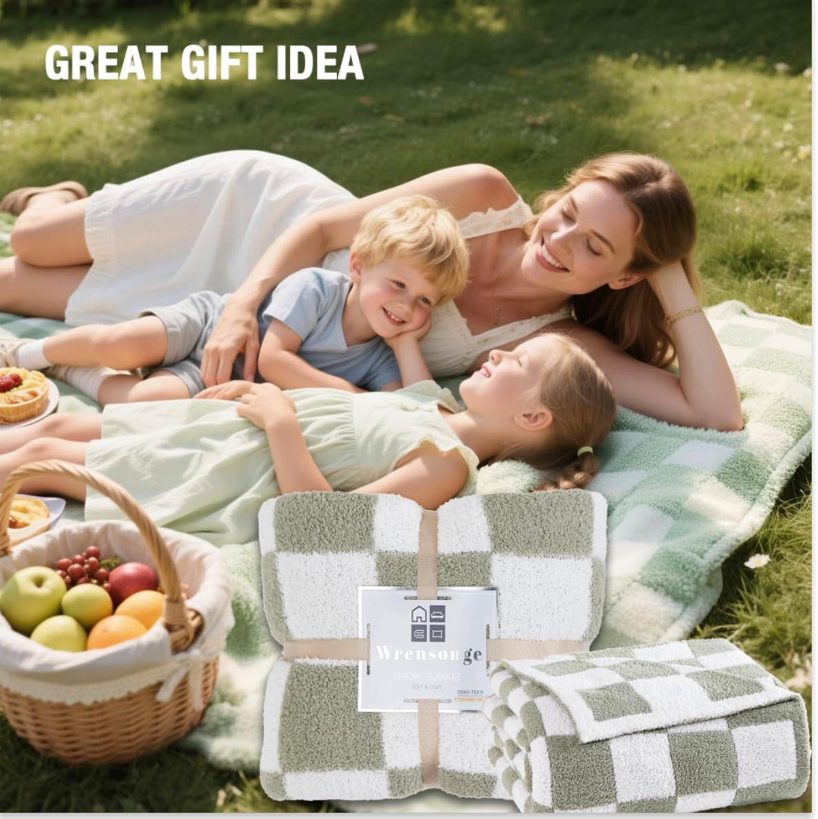 Checkered Throw Blanket, Sage Green Soft Cozy Fluffy Hand Made Throw Blankets for Couch, Sofa, Chair, Bed, Camping, Picnic, Travel Lightweight Bed Blankets for Women Mothers Birthday Gifts