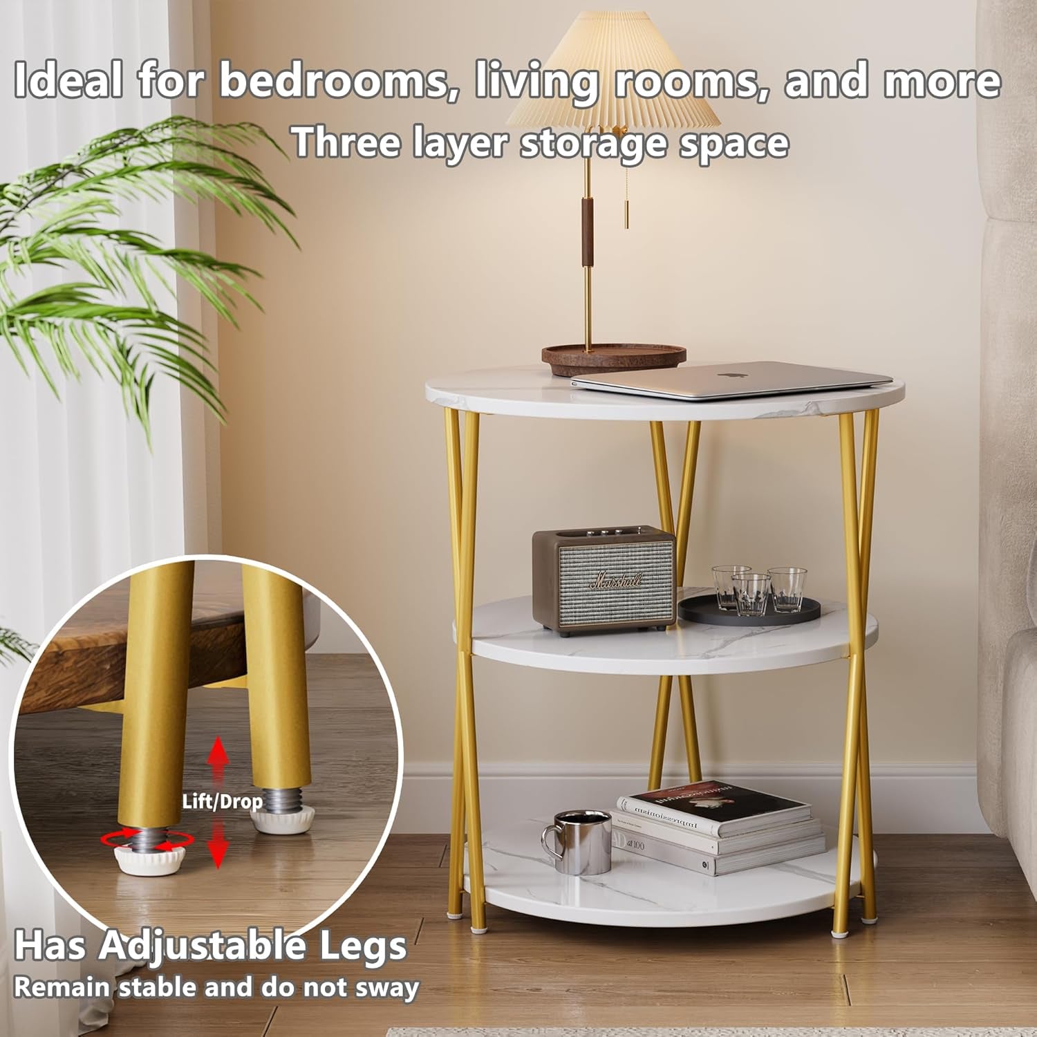 23 Inch round Side Table 3-Tier End Table Living Room Small Patio Table Nightstands round Coffee Table Spacious Top for Couch Bedroom 3 Storage Shelves Accent Coffee Table, Marble White