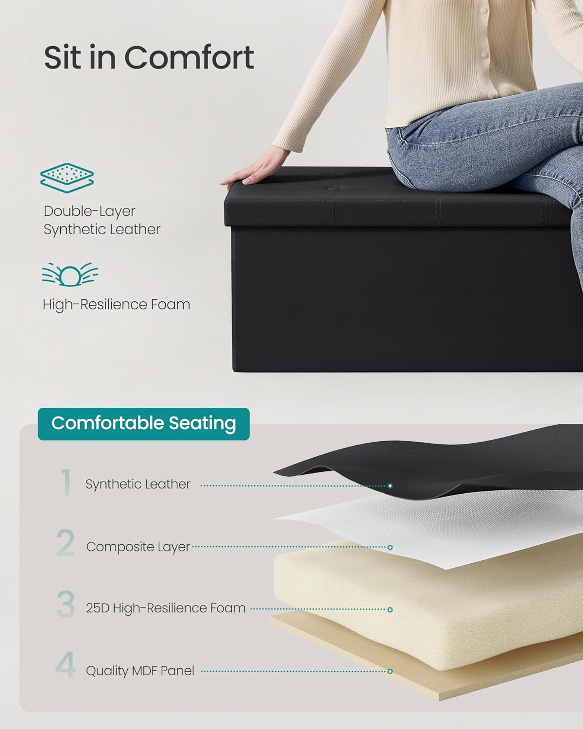 MAZIE Collection - 43 Inches Folding Storage Ottoman Bench, Ottoman with Storage, Foot Rest Stool, Load 660 Lb, for Living Room, Synthetic Leather, Black ULSF701
