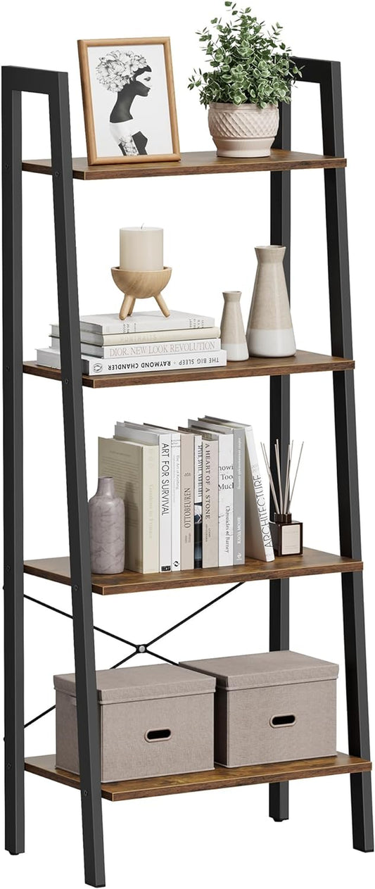 Ladder Shelf, 4-Tier Bookshelf, Storage Rack, Bookcase with Steel Frame, for Living Room, Home Office, Kitchen, Bedroom, Industrial Style, Rustic Brown and Ink Black ULLS44X