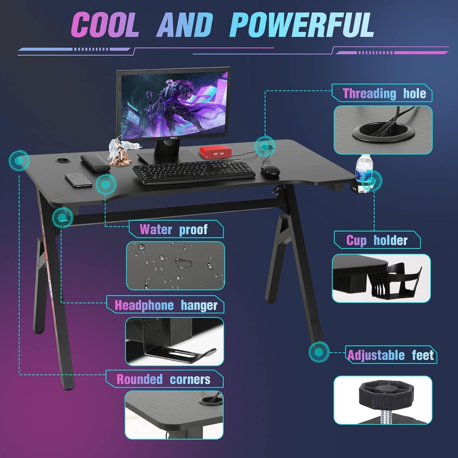 Gaming Desk 47 Inch, Ergonomic Gamer Computer Desk with Mouse Pad, K Shaped PC Gaming Tables with Cup Holder Headphone Hook,Red