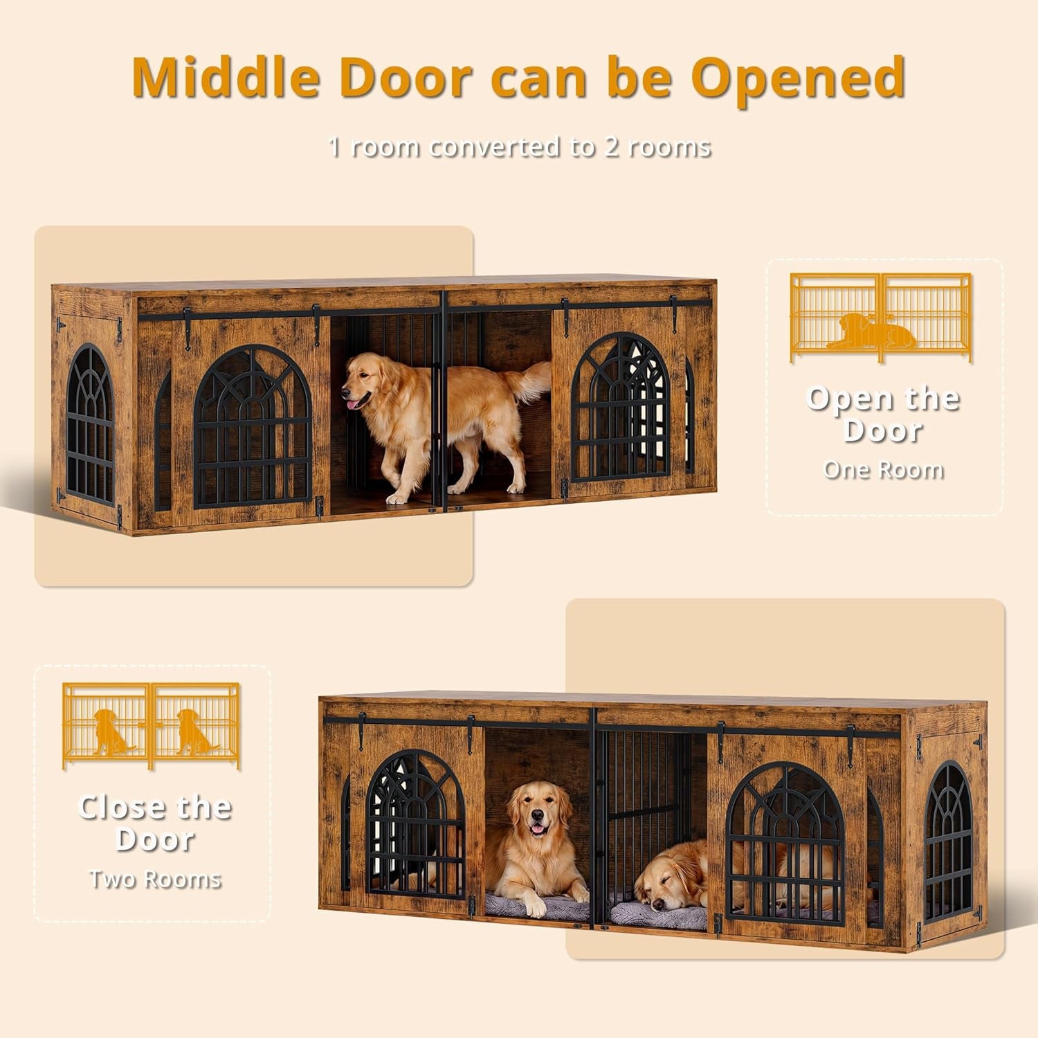 90.2" Double Room Dog Crate Furniture with Sliding Doors– Heavy Duty Wooden Dog Kennel with Hinged Divider, TV Stand & End Table for Large to Medium Dogs, Brown (Brown)