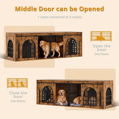 90.2" Double Room Dog Crate Furniture with Sliding Doors– Heavy Duty Wooden Dog Kennel with Hinged Divider, TV Stand & End Table for Large to Medium Dogs, Brown (Brown)