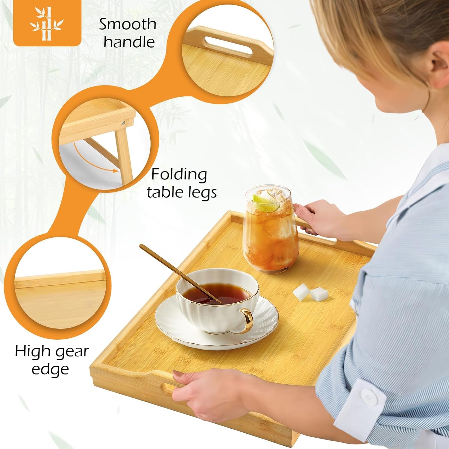 Bamboo Bed Tray Table, Folding Legs and Handles, Breakfast Tray, Laptop Desk for Bed or Sofa, Serving Tray for Eating, Working, Reading,Picnic