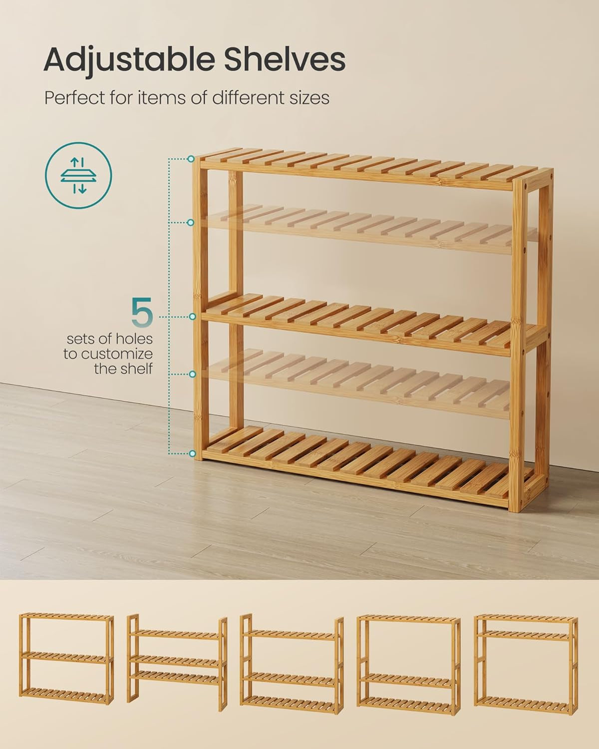 Bamboo Bathroom Shelf, 3-Tier Adjustable Plants Rack, Wall-Mounted or Stand, in the Living Room, Balcony, Kitchen, 5.9 X 23.6 X 21.3 Inches, Natural UBCB13Y