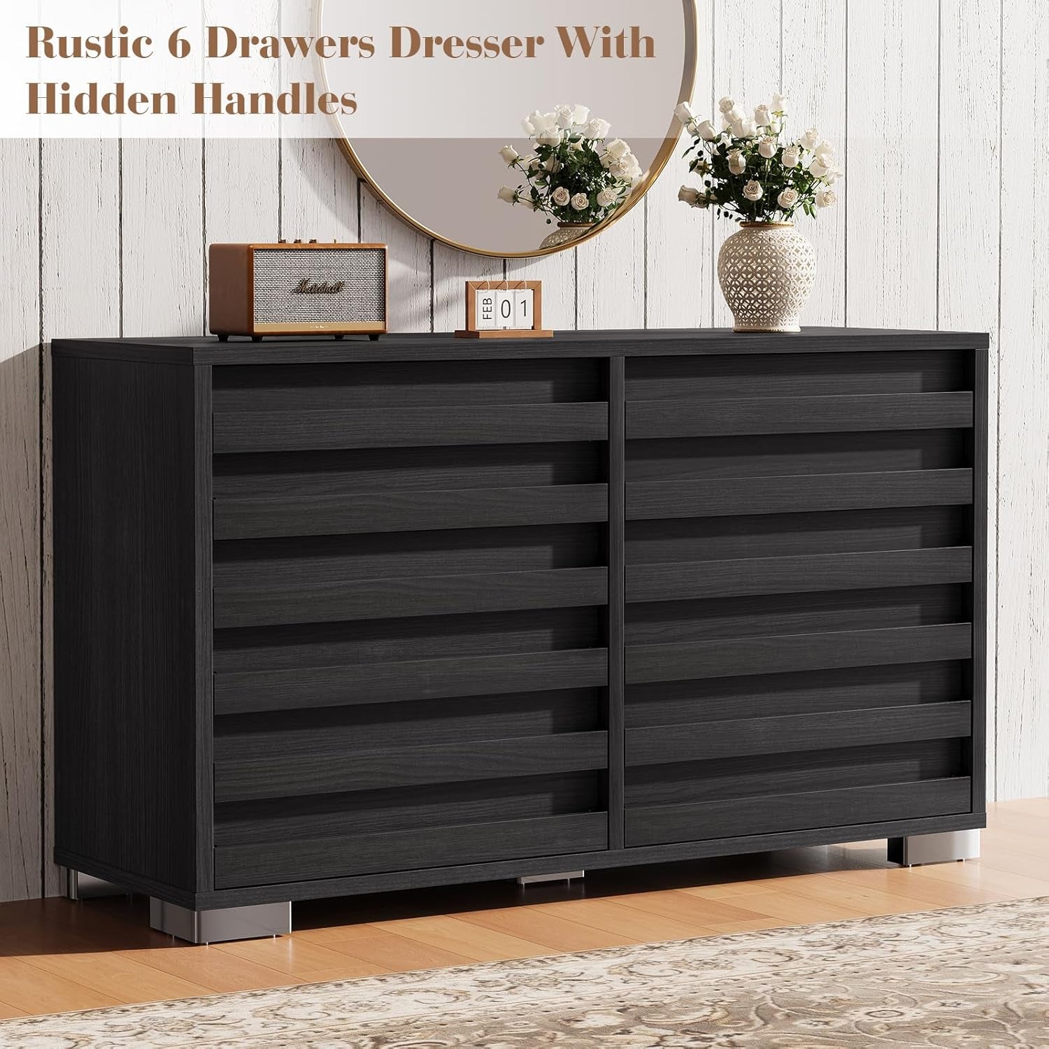3 Pcs Bedroom Furniture Set - Includes Farmhouse 6 Drawer Dresser and Nightstand Sets of 2 with Charging Station, Slated Handles & Stainless Steel Feet, Black