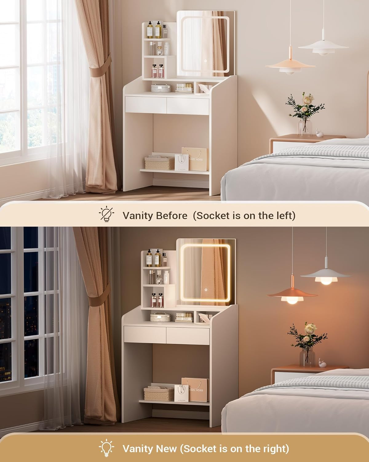 Small Makeup Vanity Desk with Lighted Mirror, White, 23.62" W X 15.74" D X 53.93" H (Smart LED Mirror, Open Shelves, 2 Drawers)
