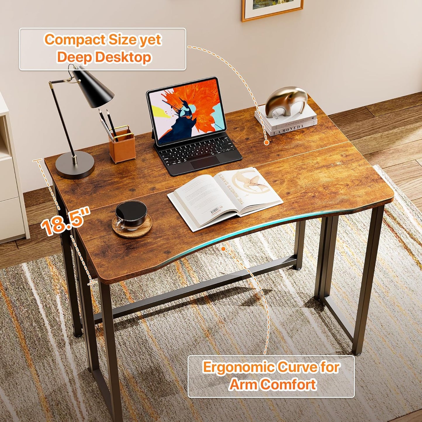 Folding Desk with Storage Shelf, 31.5 Inch Foldable Computer Table for Small Spaces, Space Saving Sofa Table for Couch, Writing Work Office Computer Desk, Easy to Fold, Rustic Brown