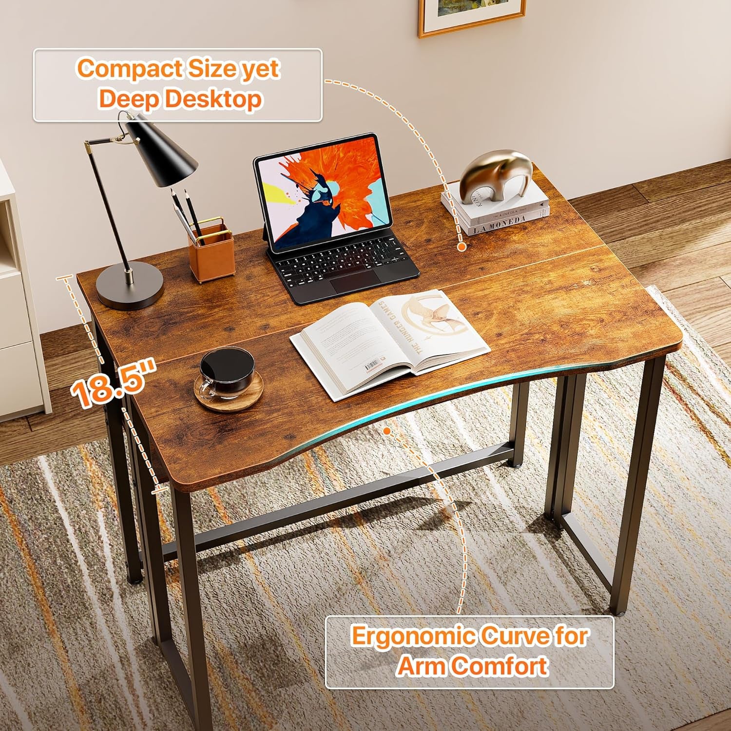 Folding Desk with Storage Shelf, 31.5 Inch Foldable Computer Table for Small Spaces, Space Saving Sofa Table for Couch, Writing Work Office Computer Desk, Easy to Fold, Rustic Brown