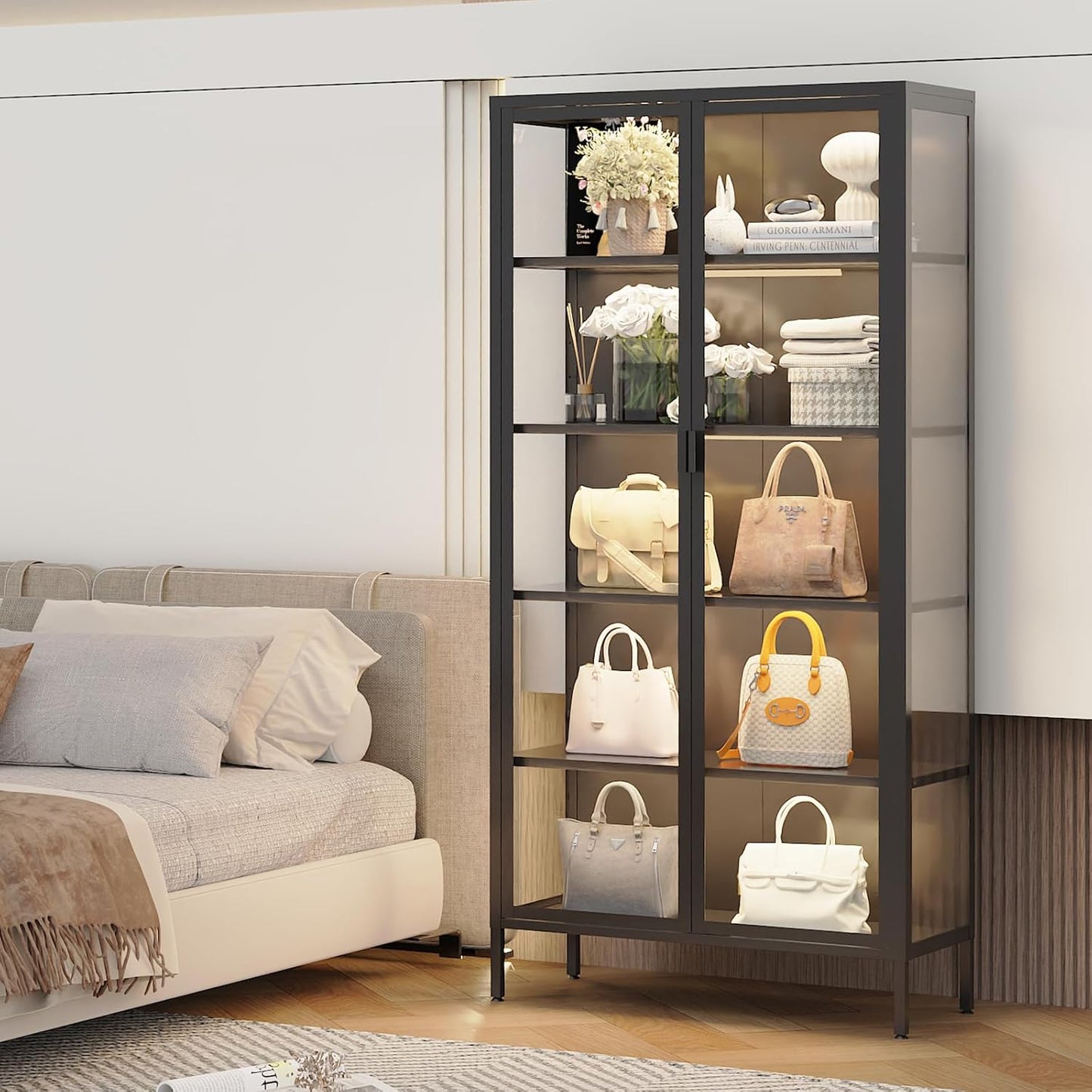 71" H Display Cabinet with Glass Doors,Display Case with LED Sensor Lights,Glass Display Cabinet with Adjustable Shelves and Feet,Display Cabinets for Living Room/Bedroom/Kitchen