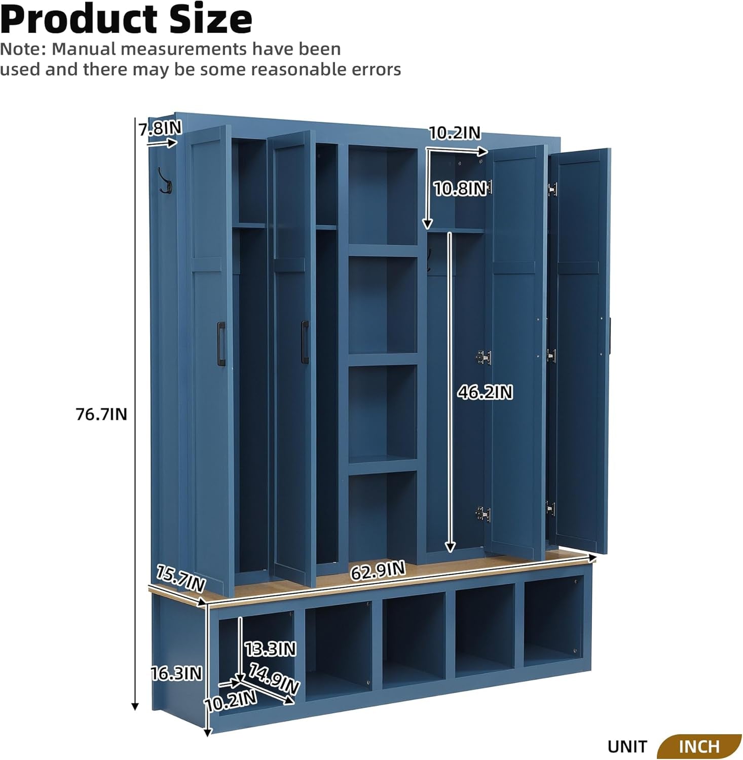 Modern Farmhouse Hall Tree with Bench, 4-In-1 Entryway Storage Cabinet & Shoe Organizer with Hooks, Blue