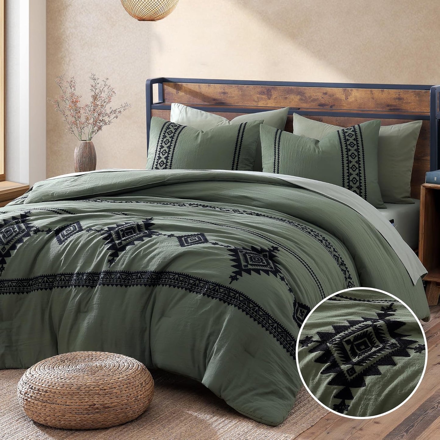 MAIREVE Embroidery Comforter Sets King Size Olive Green - 7 Pieces, Farmhouse Western Bedding Comforter Set, All Season Bed in a Bag King with Sheets, Comforters, Pillowcases & Shams