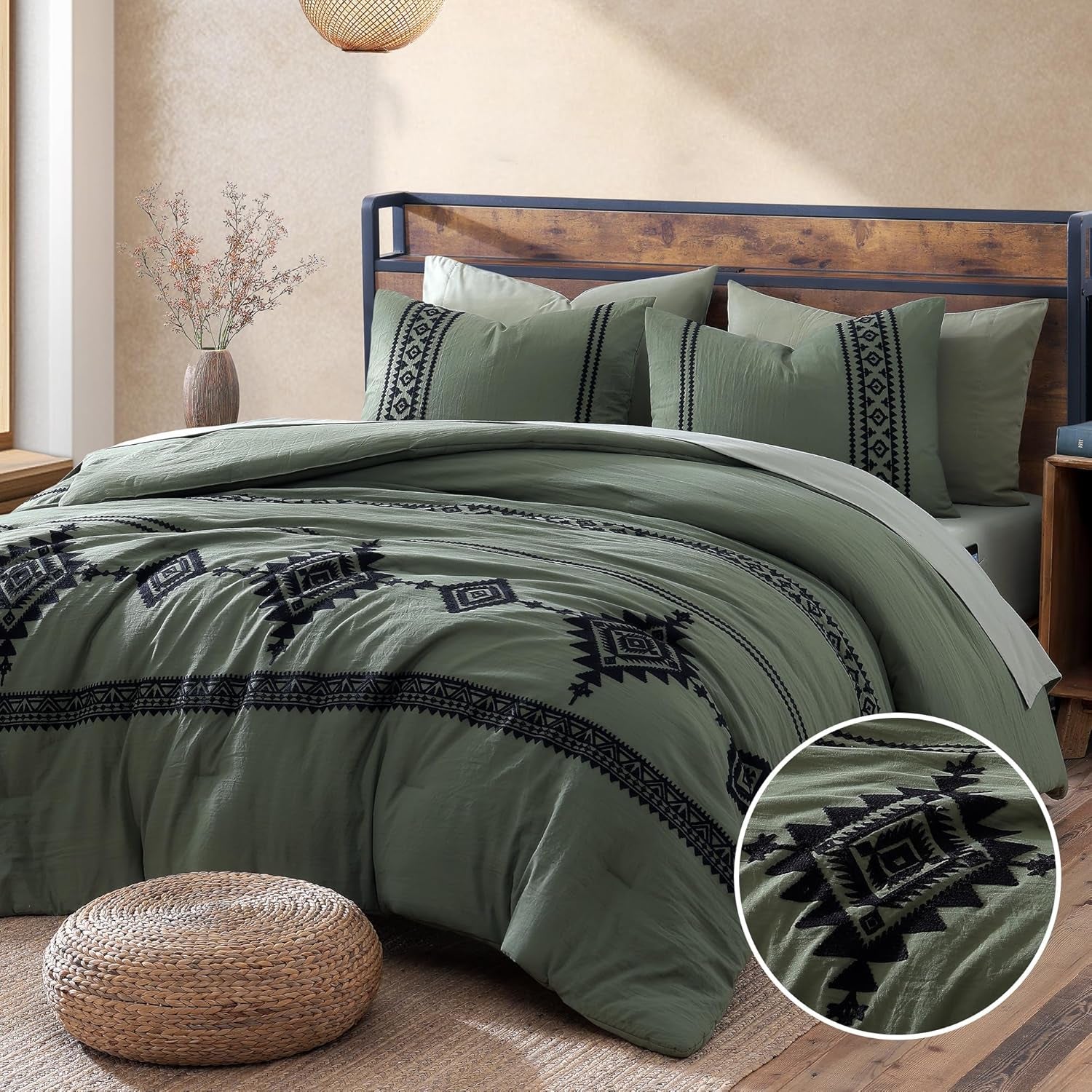 MAIREVE Embroidery Comforter Sets King Size Olive Green - 7 Pieces, Farmhouse Western Bedding Comforter Set, All Season Bed in a Bag King with Sheets, Comforters, Pillowcases & Shams