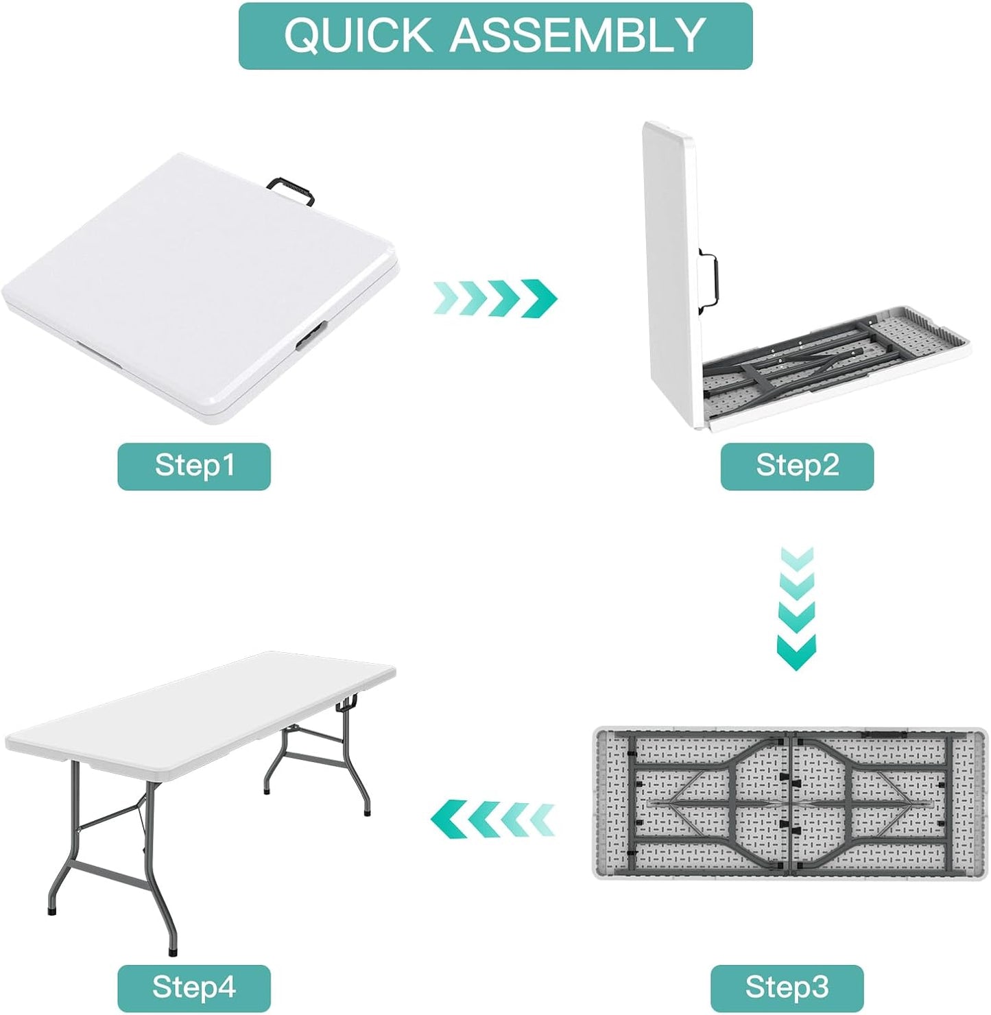 6Ft Folding Table, Foldable HDPE Dining Table for Picnic, Camping, Party, Display with Carrying Handle - White