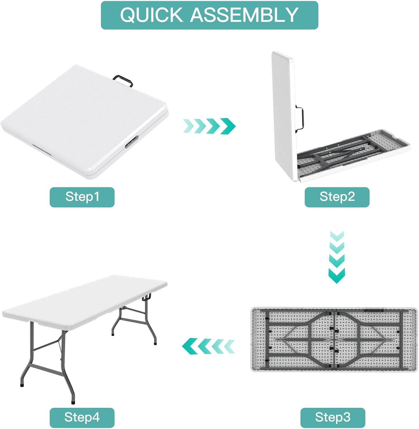 6Ft Folding Table, Foldable HDPE Dining Table for Picnic, Camping, Party, Display with Carrying Handle - White