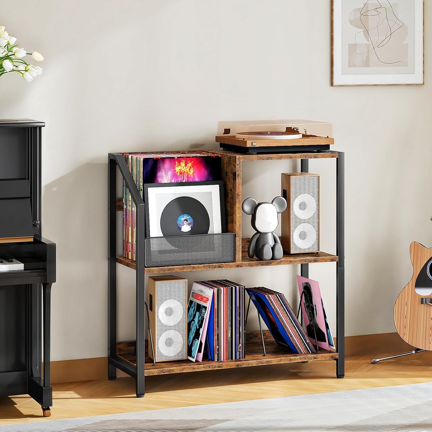 Large Record Player Stand, Vinyl Record Holder, Vinyl Display Rack, Rustic Turntable Display Stand, for Books, Rustic Brown and Black TCW08BF