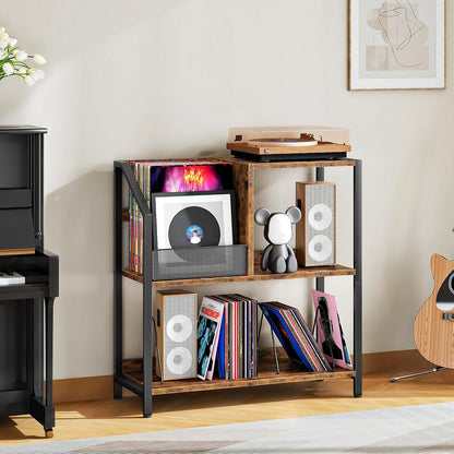 Large Record Player Stand, Vinyl Record Holder, Vinyl Display Rack, Rustic Turntable Display Stand, for Books, Rustic Brown and Black TCW08BF