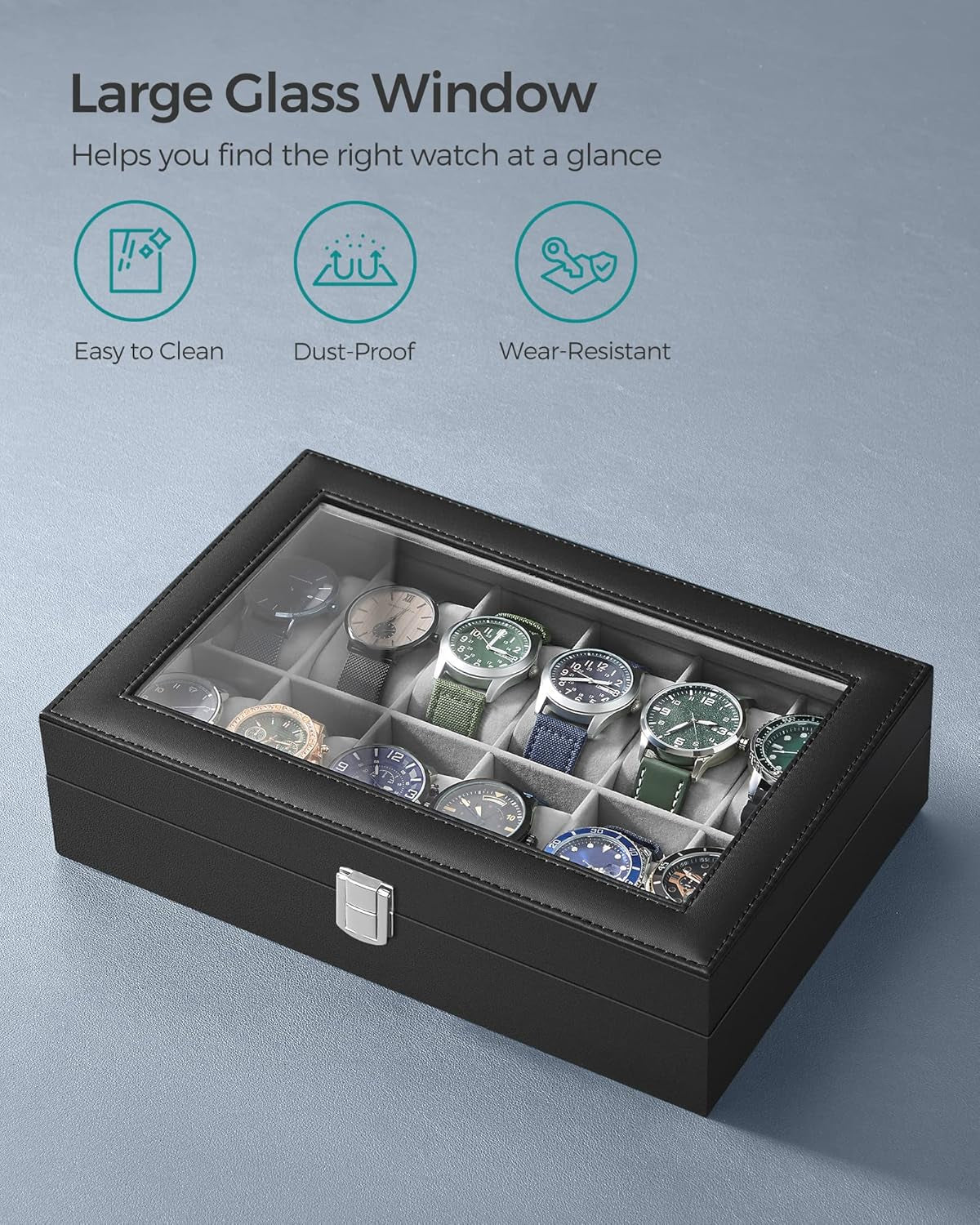 Watch Box Bundle, 12-Slot Watch Case with Glass Lid, Watch Holder with Removable Watch Pillow, Velvet Lining, Metal Clasp, Watch Display, Black UJWB12BK and UJWB012B01