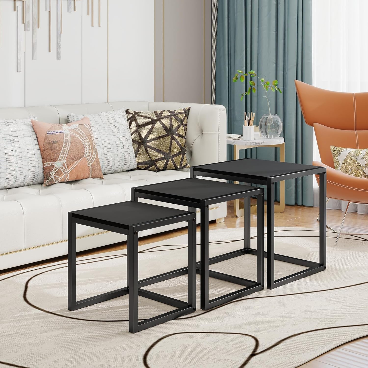 Nesting Table Set of 3 Side Tables, Modern Coffee Table Stacking End Table with Metal Frame，Black