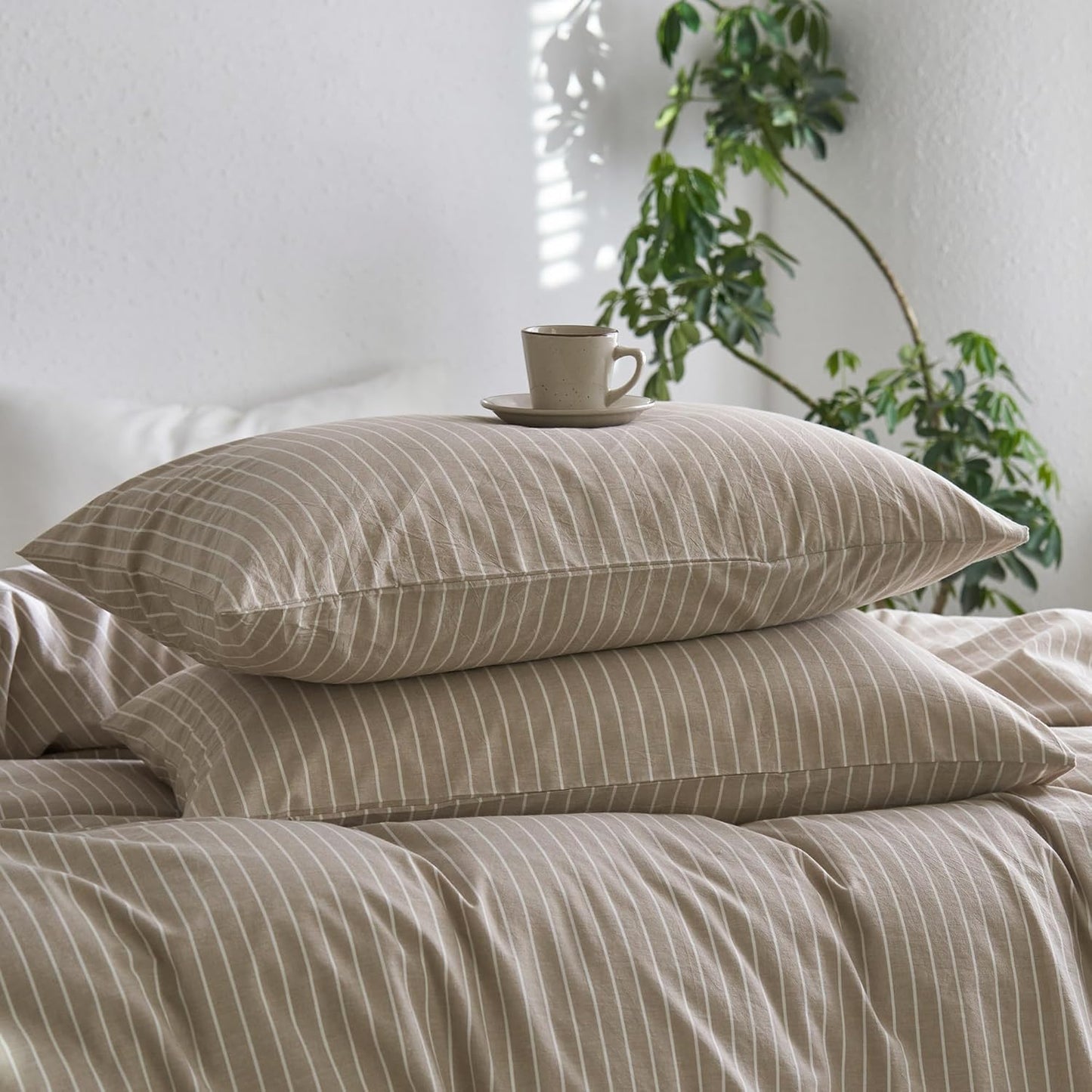 Bedding Pillowcases Striped Pack of 2 100% Washed Cotton Linen like Textured Breathable Durable Soft Comfy (Tannish Linen Grey White Wide Stripes, King)