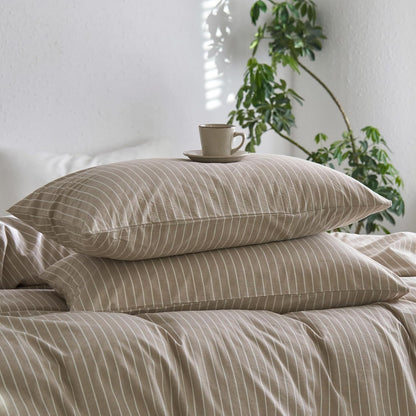 Bedding Pillowcases Striped Pack of 2 100% Washed Cotton Linen like Textured Breathable Durable Soft Comfy (Tannish Linen Grey White Wide Stripes, King)
