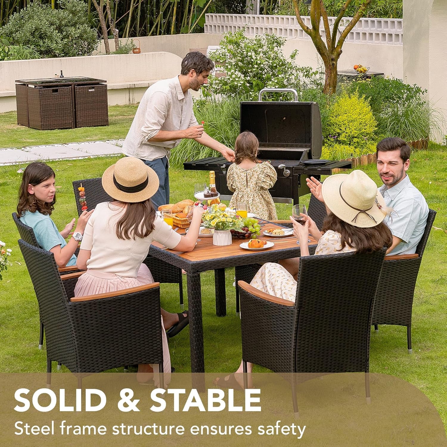 Dining 7 PCS Furniture, Patio Conversation Set with Acacia Wood Table Top, Outdoor, Beige Cushion and Black Rattan