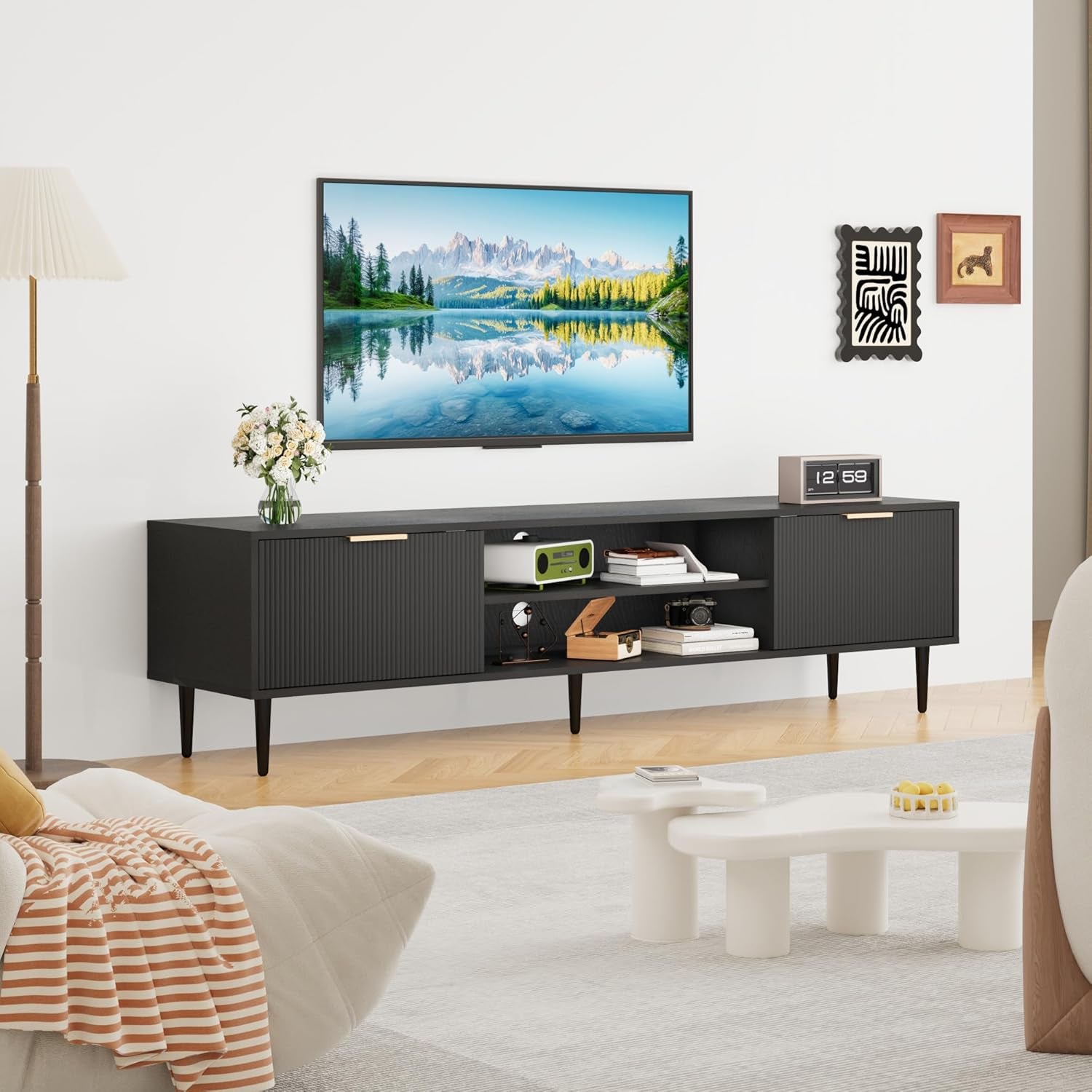 Black TV Stands, Mid Century Modern TV Stand, with 2 Large Storage Cabinets, for Tvs up to 75 In, Black Entertainment Center with Fluted Panel Design, Tvs Stands for Living Room, for Bedroom, Office