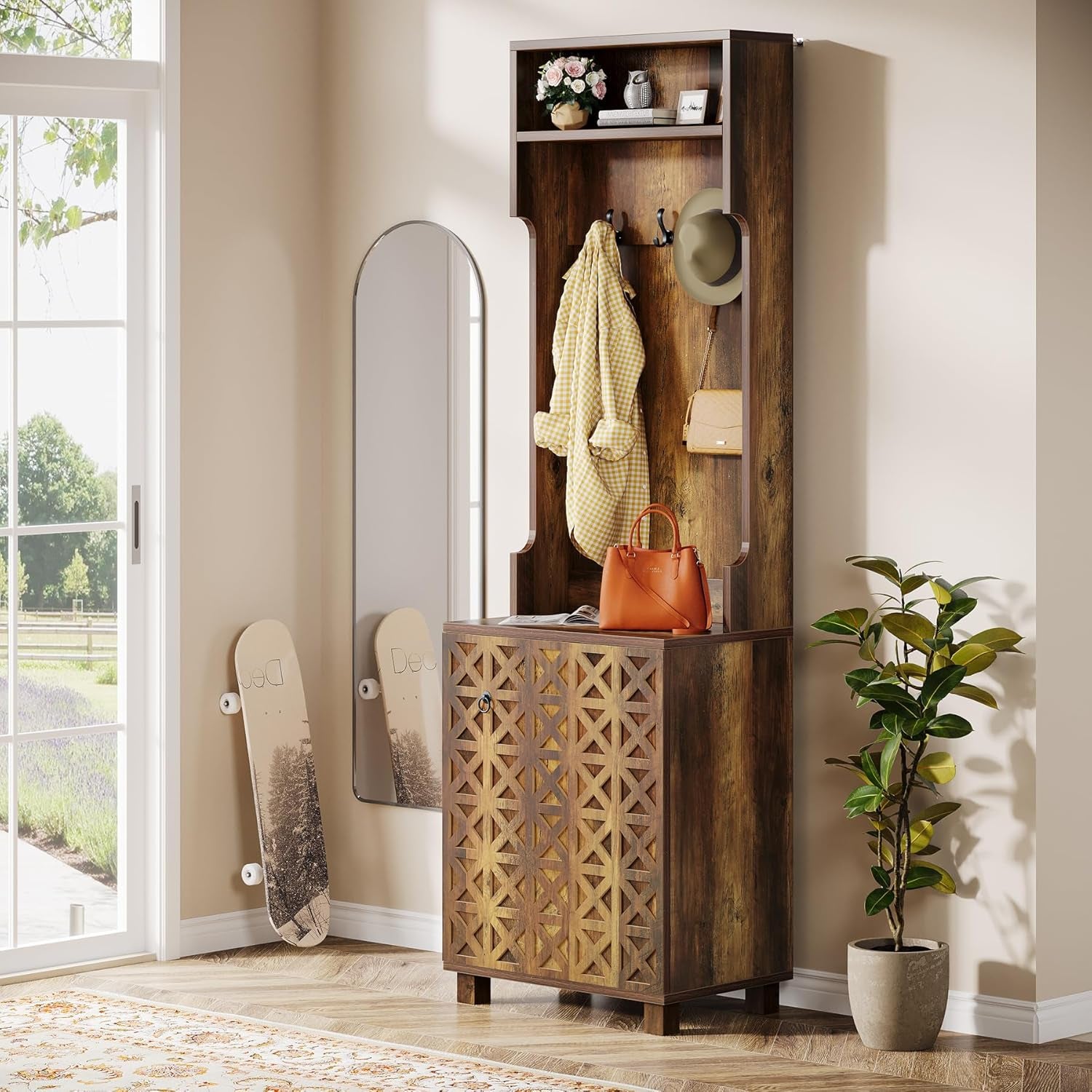 3-In-1 Entryway Hall Tree with Storage, Farmhouse Hall Tree with Coat Rack, Top Storage and Shoe Cabinet for Entryway, Hallway, Bedroom, Rustic Brown