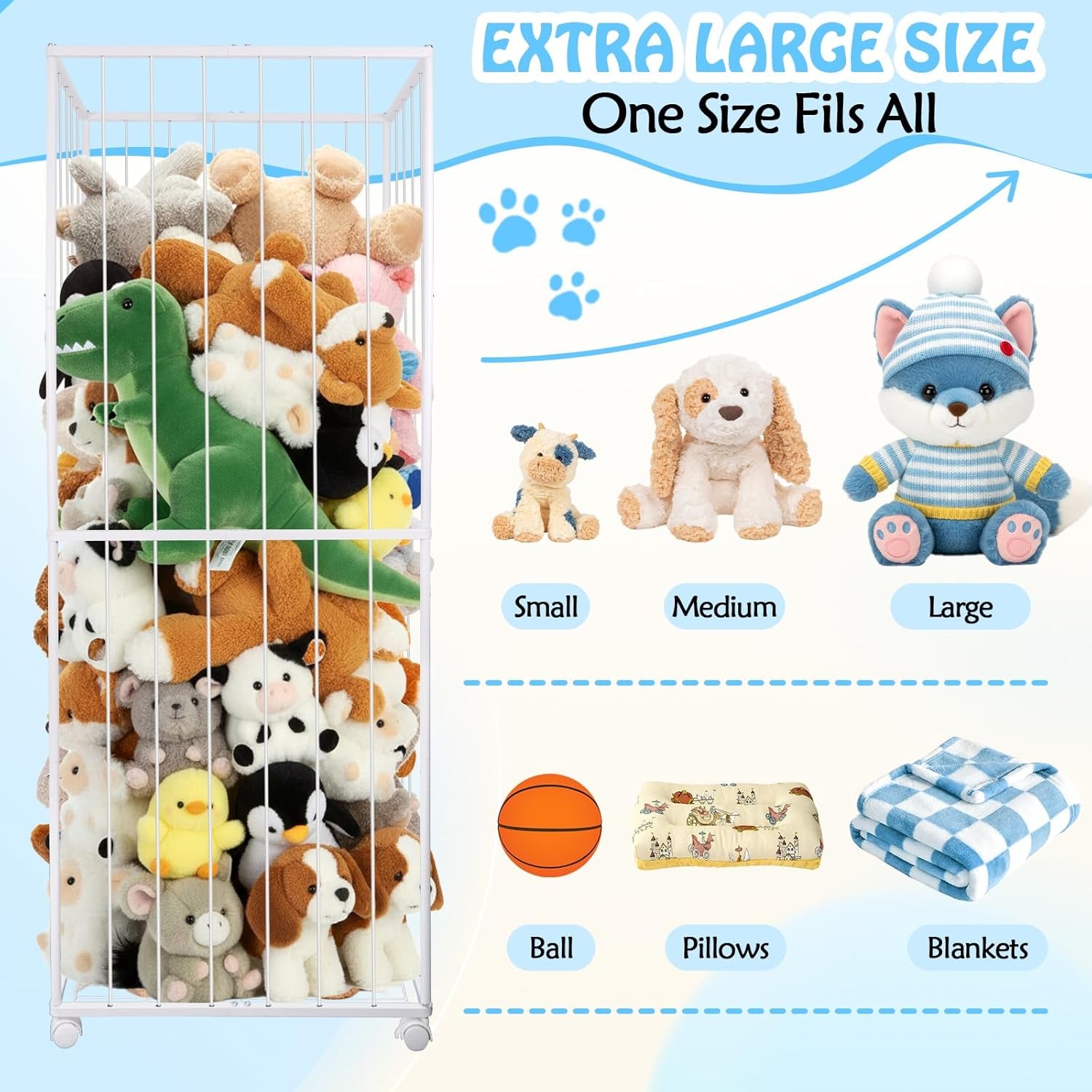 Stuffed Animal Storage, Metal Tube Extra Large Toy Storage Organizer with Brake Wheels, Stuffed Animal Holder Zoo Organizer for Nursery Playroom Kids Room White(61” X 23.6”X 16.5”)