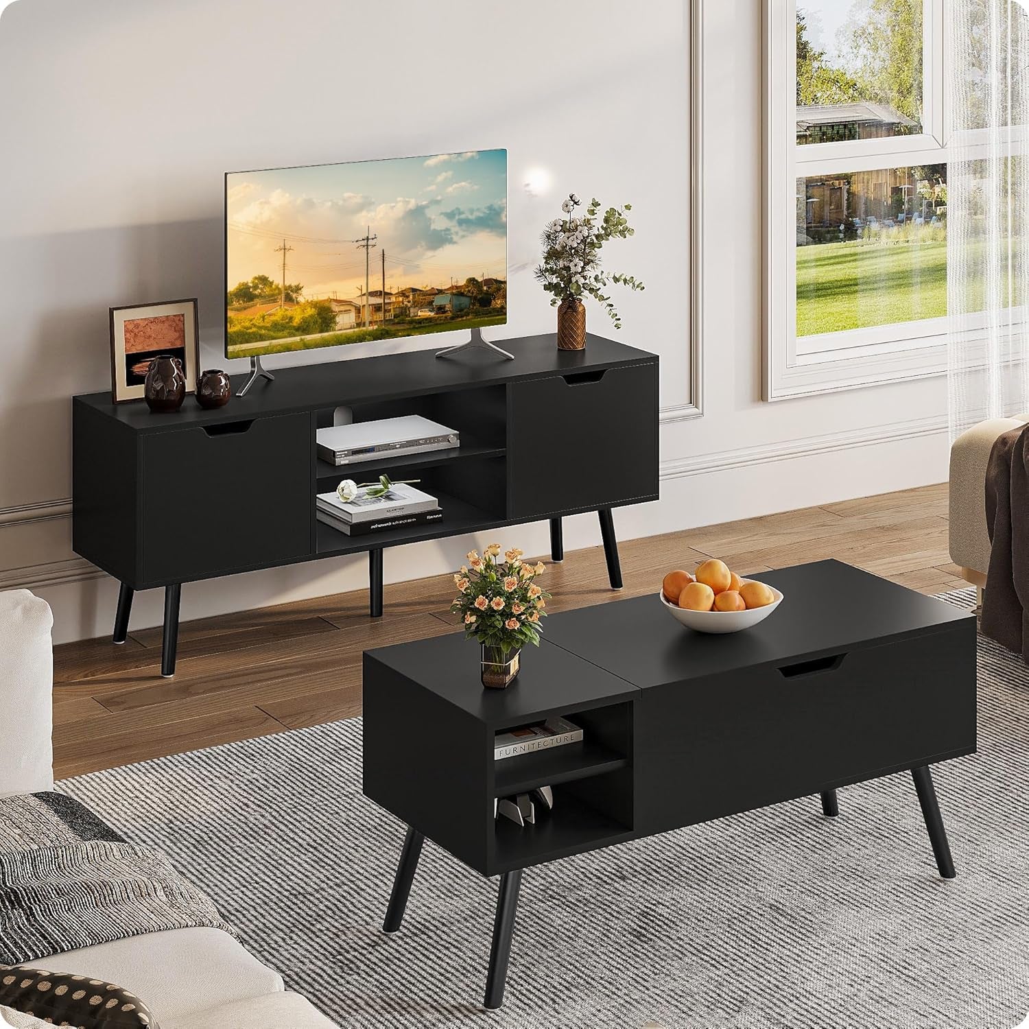 Black TV Stand for 50 55 60+ Inch Tvs - Media Console with 2 Cabinets & Open Shelves, Solid Wood Legs - TV Consoles for Living Room - 22" H Entertainment Center for Bedroom