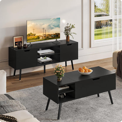 Black TV Stand for 50 55 60+ Inch Tvs - Media Console with 2 Cabinets & Open Shelves, Solid Wood Legs - TV Consoles for Living Room - 22" H Entertainment Center for Bedroom
