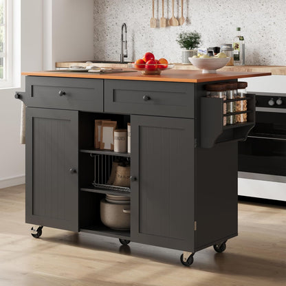 Kitchen Island on Wheels, Rolling Kitchen Island Cart with Drop Leaf and 2 Drawers, Mobile Kitchen Table Storage Cabinet with Tower Rack and Spice Rack for Dining Room, Kitchen, Black
