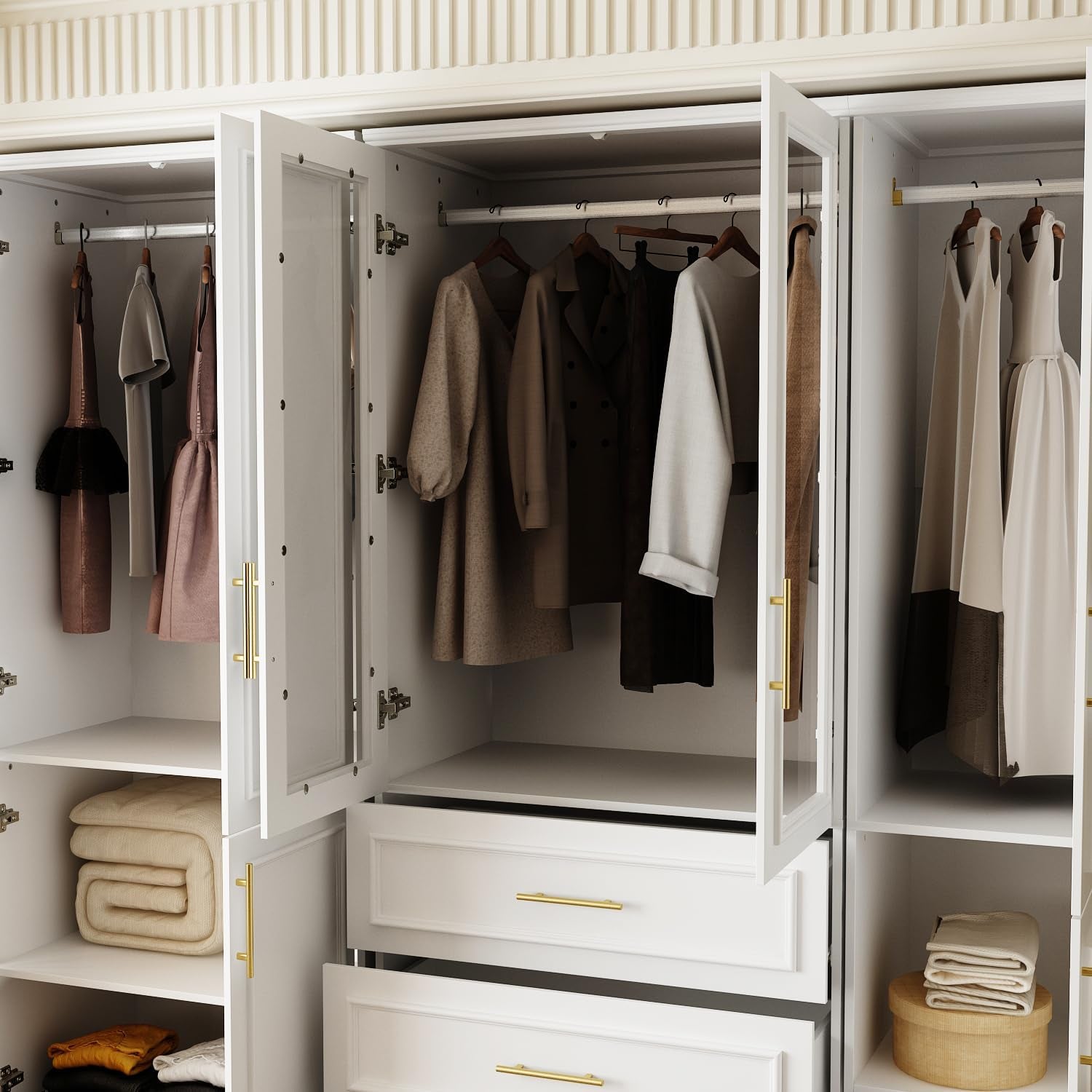 Wardrobe Closet Collection with Doors, Modern White Bedroom Armoire System with Gold Handles, Modern Clothes Storage Cabinet with Drawers, Shelves, Hanging Rods, 79.1”W X 19.3”D X 74.8”H