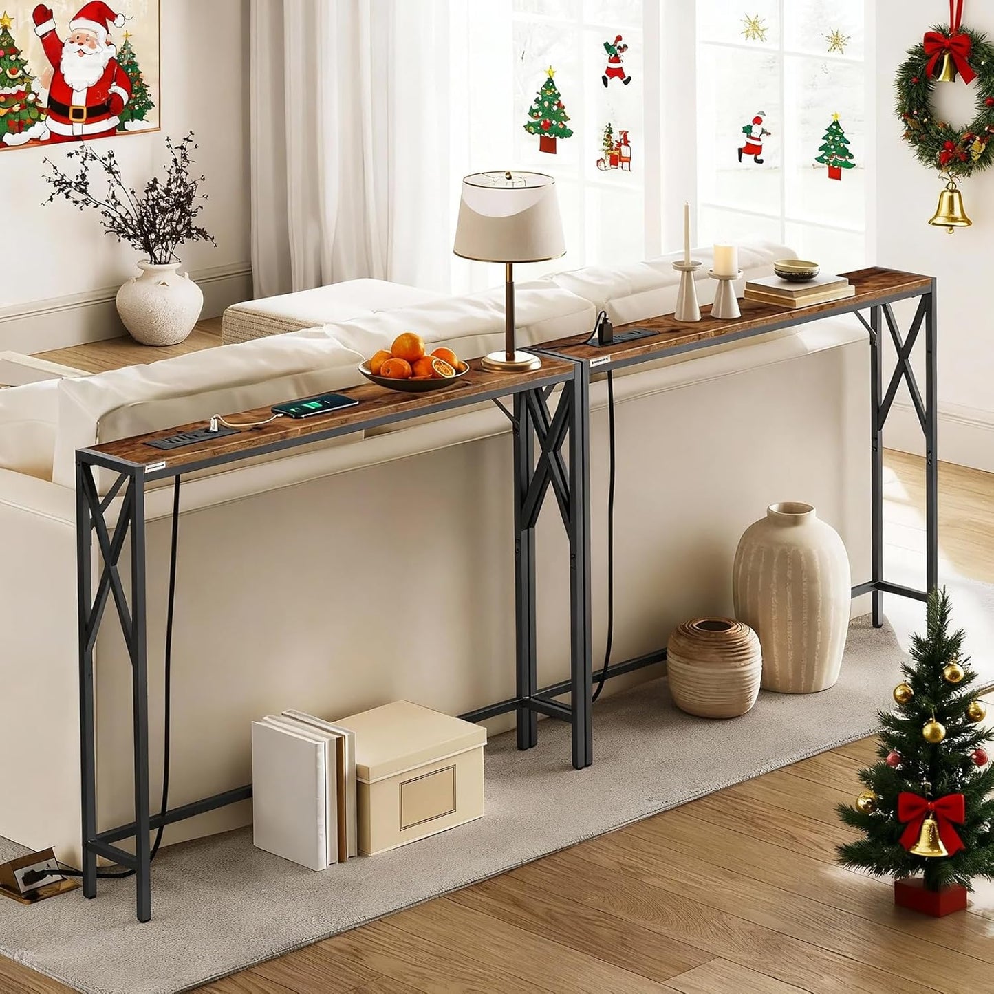 78.7'' Narrow Sofa Table with Charging Station, 2 Pack Skinny Console Table, Slim Entryway Hallway Couch Table, for Entrance, Foyer, Living Room, Hallway, Rustic Brown CTHR151E01S2