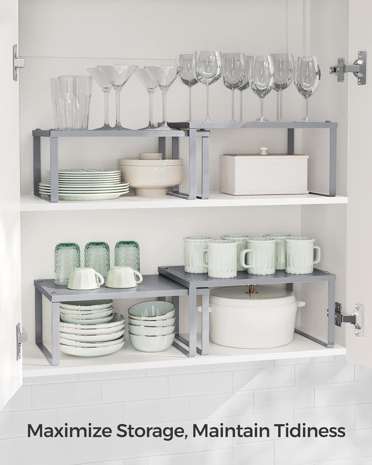 Spice Racks, Set of 2 Metal Cabinet Shelf Organizers, Countertop Organizers, Shelf Risers, Stackable, Expandable, Silver UKCS01SV