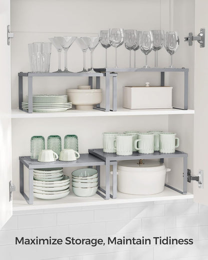 Spice Racks, Set of 2 Metal Cabinet Shelf Organizers, Countertop Organizers, Shelf Risers, Stackable, Expandable, Silver UKCS01SV